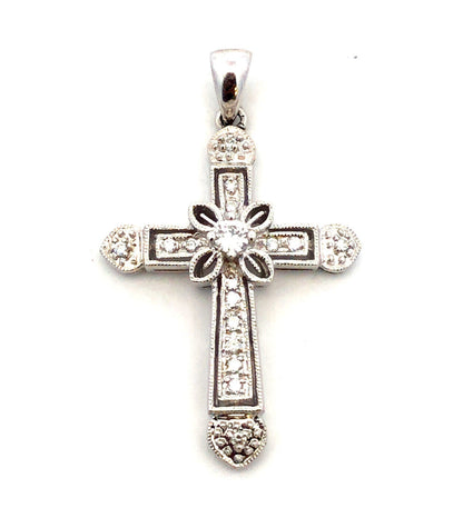 Designer 14K White Gold Diamond Encrusted Floral Religious Cross Pendant