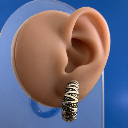 Designer 925 Sterling Silver Marcasite Basket Weave Hoop Earrings