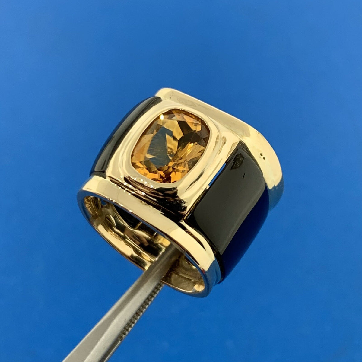 Unusual 14K Yellow Gold Oval Citrine Black Statement Cigar Band Ring