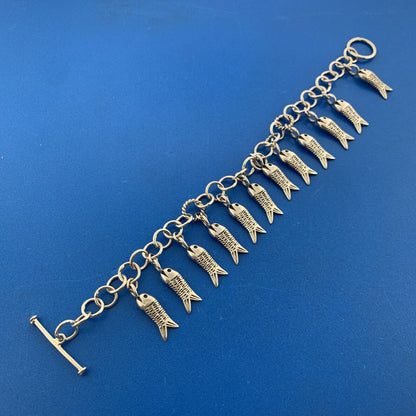 Estate 925 Sterling Silver Twelve Fish Religious Icon Statement Toggle Bracelet