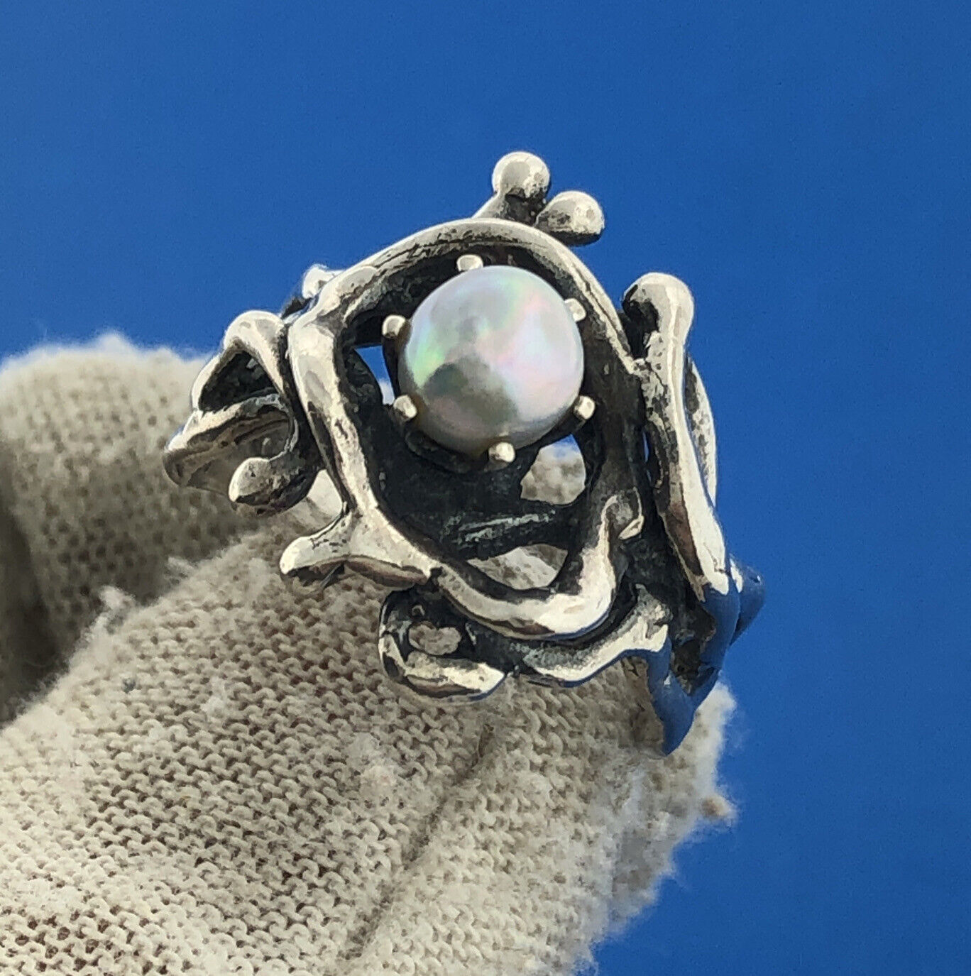 Modernist Artisan 925 Sterling Silver Pearl Free Form Open Work Ring