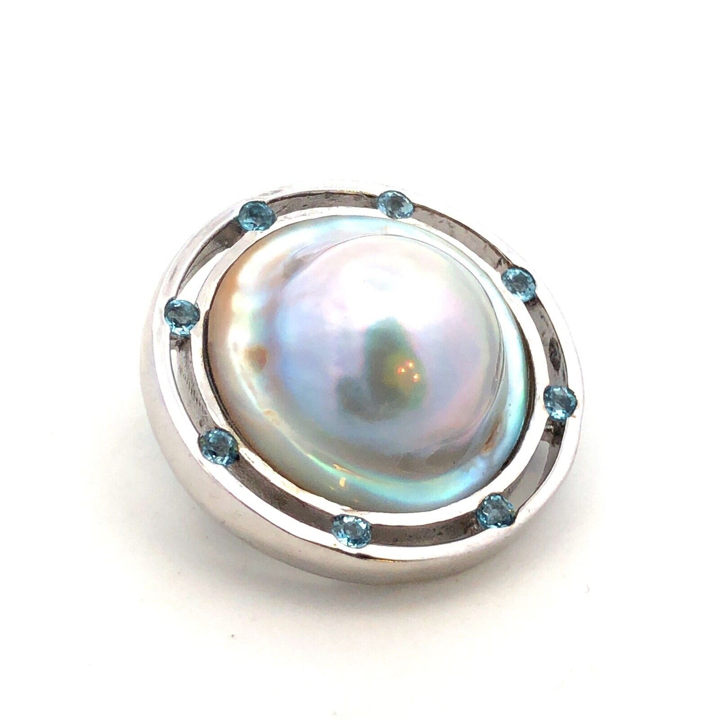 Designer 925 Sterling Silver Mabe Pearl Round Blue Topaz Statement Pendant