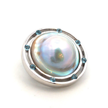 Designer 925 Sterling Silver Mabe Pearl Round Blue Topaz Statement Pendant
