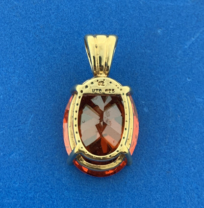 Designer UTC Vermeil Sterling Silver 925 Large Oval Sparkling Orange CZ Pendant