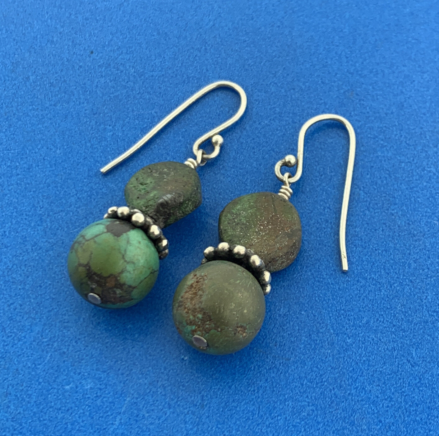 Vintage 925 Sterling Silver Green Turquoise Drop Dangle Earrings