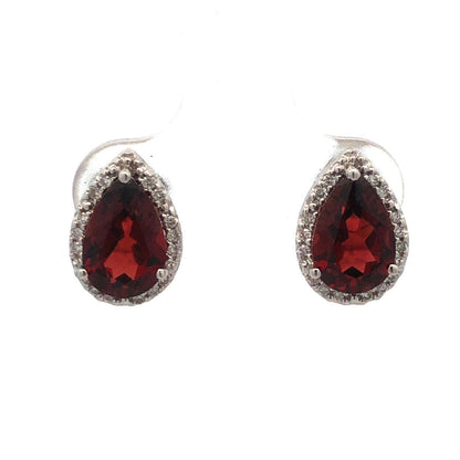Designer 14K White Gold Pear Garnet Diamond Halo Statement Stud Earrings