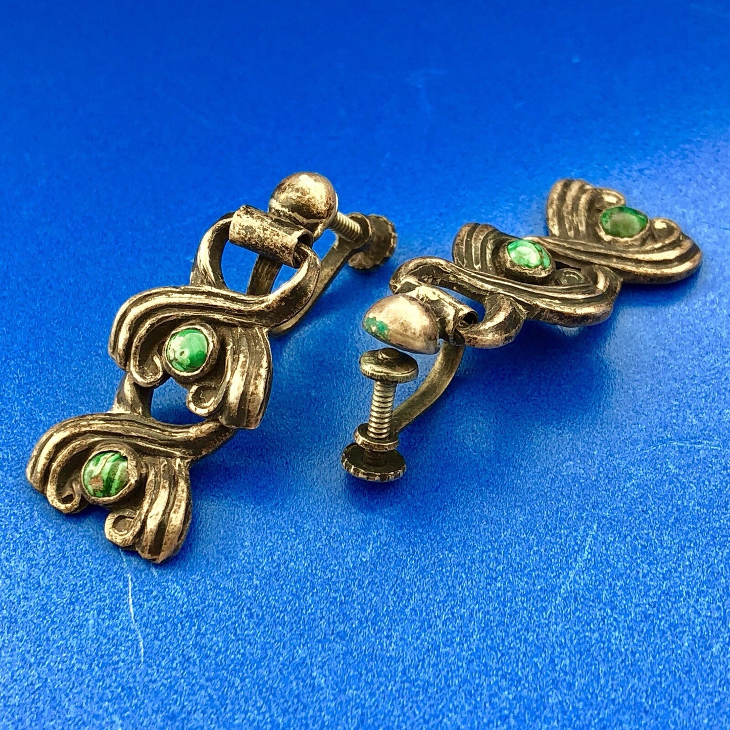 Mid Century Taxco Silver 925 Malachite Double Drop Screw Back Earrings-Patina!