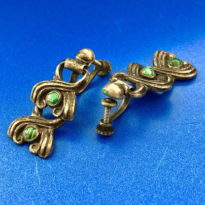Mid Century Taxco Silver 925 Malachite Double Drop Screw Back Earrings-Patina!