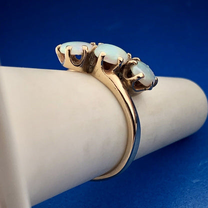 Estate 14K Yellow Gold Oval Opal Trio October Anniversary Occasion Bypass Ring