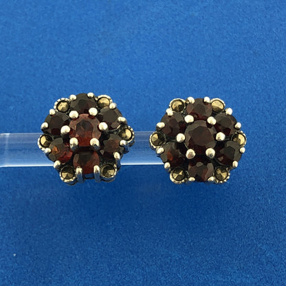 Sterling Silver 925 Garnet Solitaire Halo Flower Floral Cluster Stud Earrings