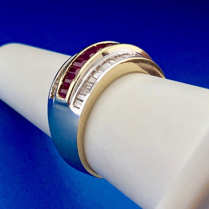 Vintage SRT 14K Yellow White Gold Diamond Ruby Channel Set Tapered Band Ring