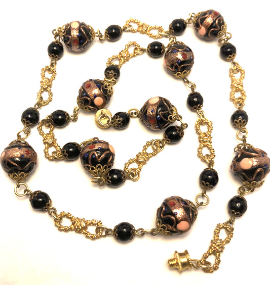 Vintage Murano Venetian Copper Cobalt Glass Bead Gold-Tone Statement Necklace
