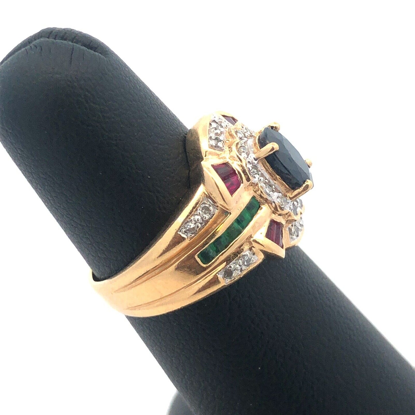 Designer 14K Yellow Gold Oval Blue Sapphire Emerald Ruby Diamond Accented Ring