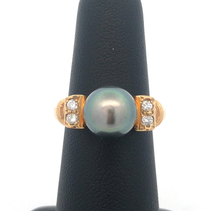 Estate 14K Yellow Gold Black Pearl Diamond Accented Statement Cocktail Ring
