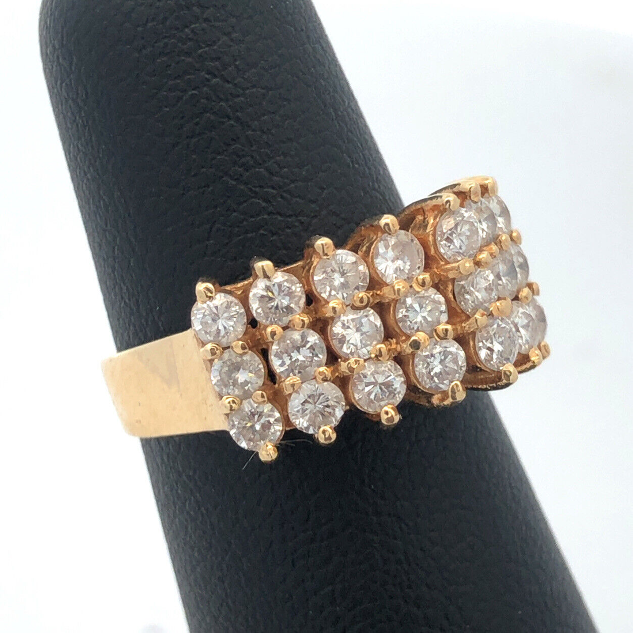 Unique 14K Yellow Gold Round Diamond 3 Rows Cluster Dome Statement Band Ring