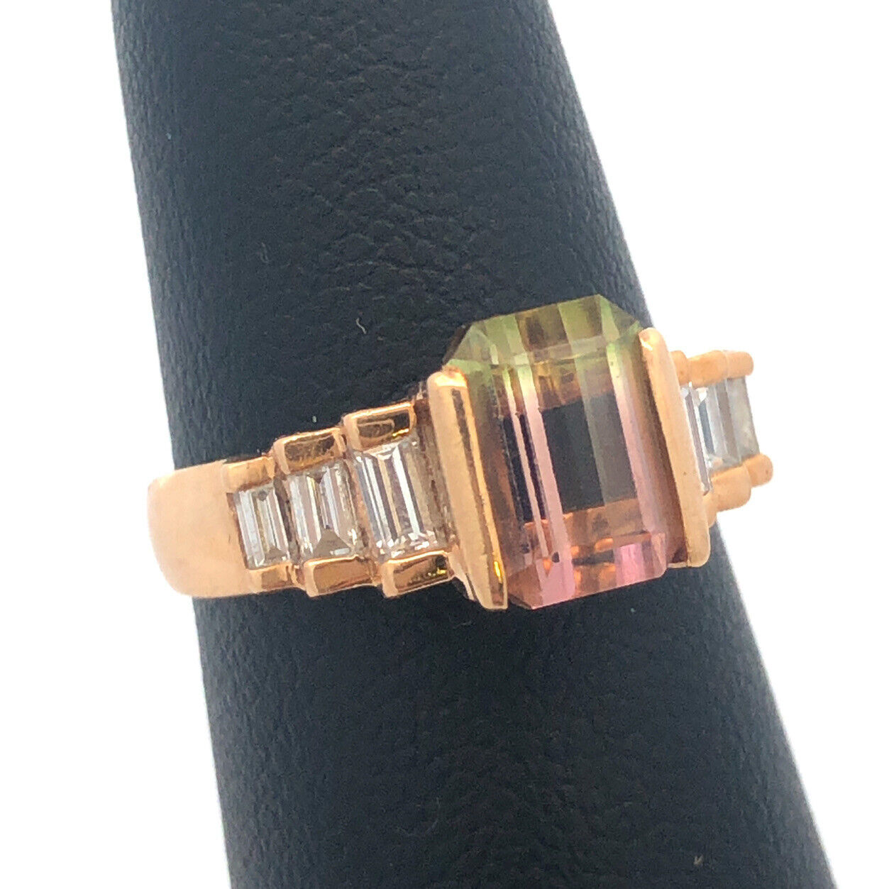Vintage 14K Yellow Gold Watermelon Tourmaline Diamond Waterfall Cocktail Ring