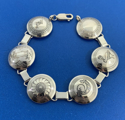 Vintage TSM 925 Sterling Silver Ethnic Animals Native Round Panel Bracelet