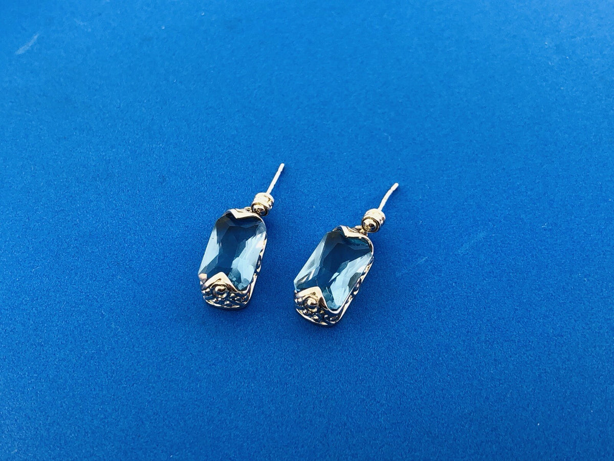 Sterling Silver Rectangle Blue Topaz Bead Scroll Work Statement Drop Earrings