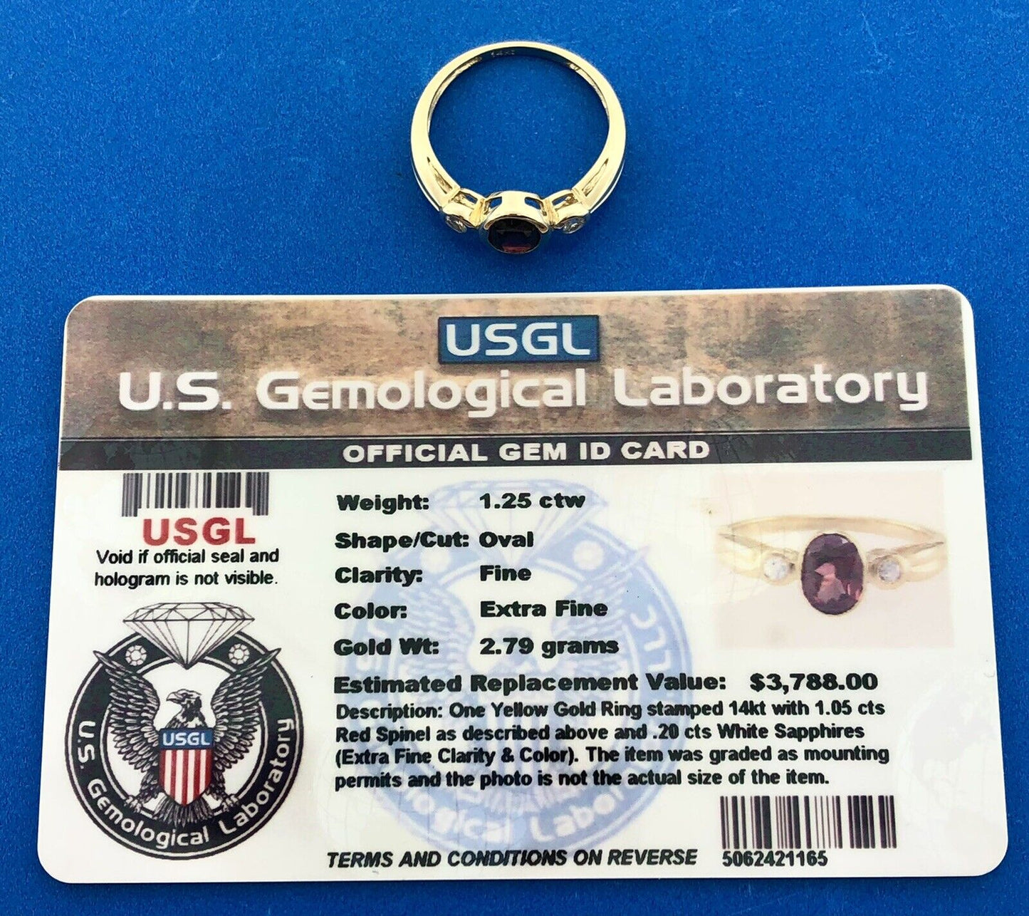 14K Yellow Gold Oval Red Spinel White Sapphire Accented USGL Certified Sz 7 Ring