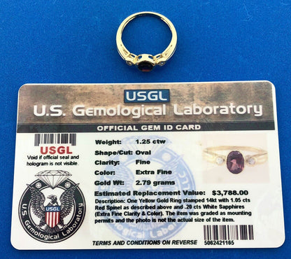 14K Yellow Gold Oval Red Spinel White Sapphire Accented USGL Certified Sz 7 Ring