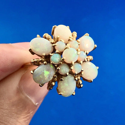 Stunning Vintage 14K Yellow Gold Opal Flower Cluster October Cocktail Ring