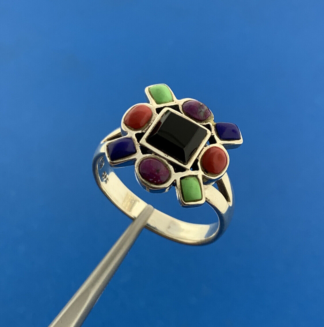 925 Sterling Silver Onyx Lapis Jasper Coral Turquoise Ring
