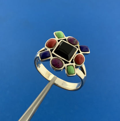 925 Sterling Silver Onyx Lapis Jasper Coral Turquoise Ring