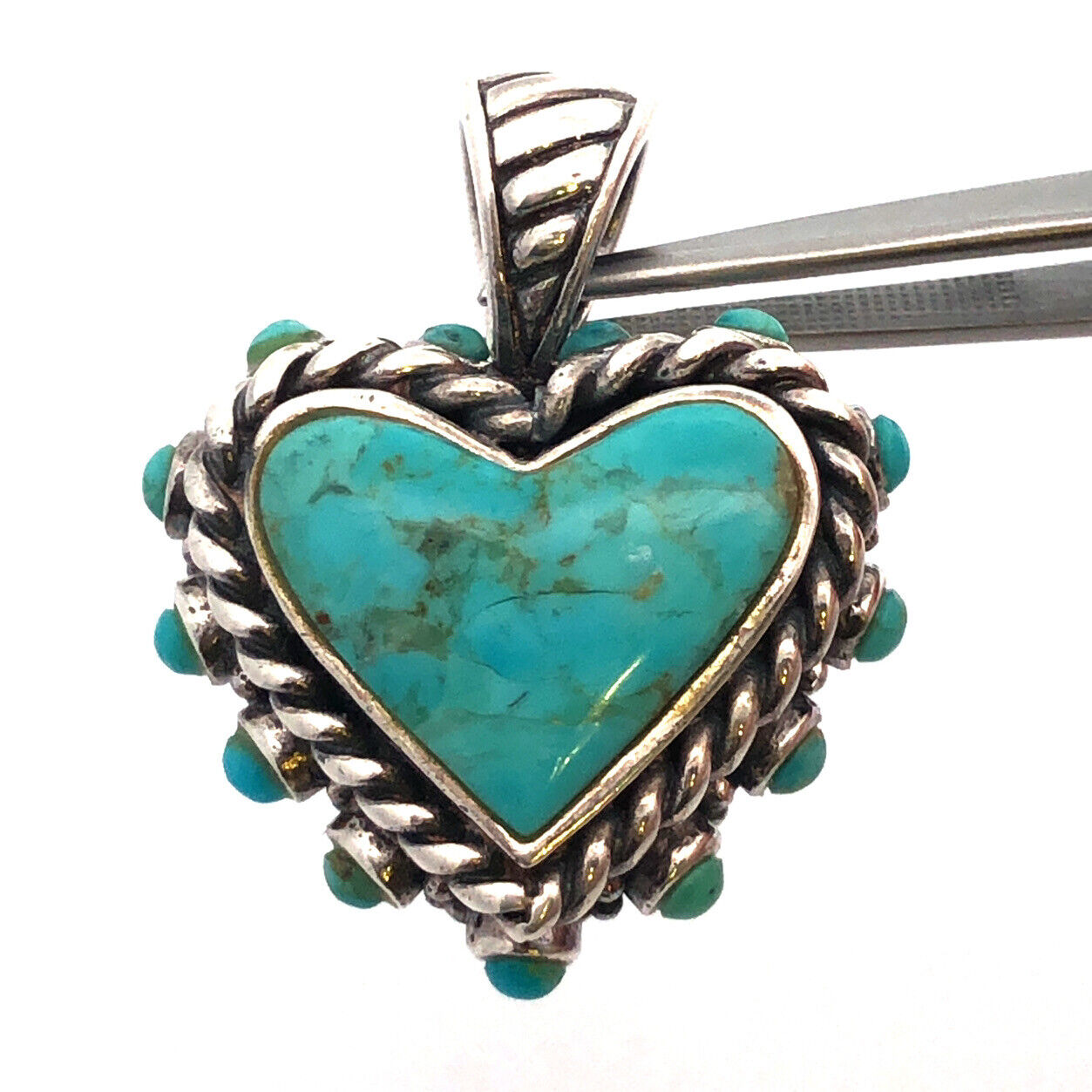 Native American 925 Sterling Silver Turquoise Heart Cabochon Statement Pendant