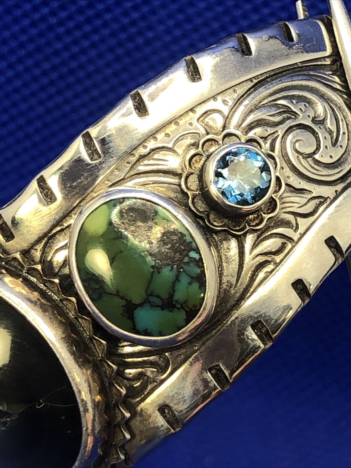 Sterling Silver Multi Stone Life is Good Scroll Design Wavy Open Cuff Bracelet