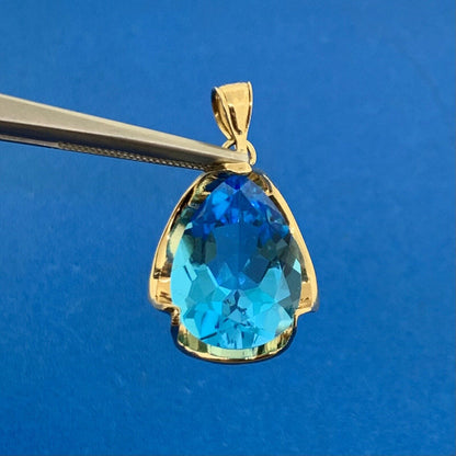 Designer 14K Yellow Gold Teal Sapphire Pear Solitaire Drop Pendant