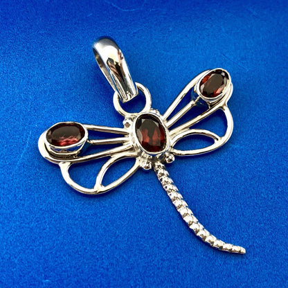 Sterling Silver 925 Garnet 3D Open Work Dragonfly Insect Statement Pendant