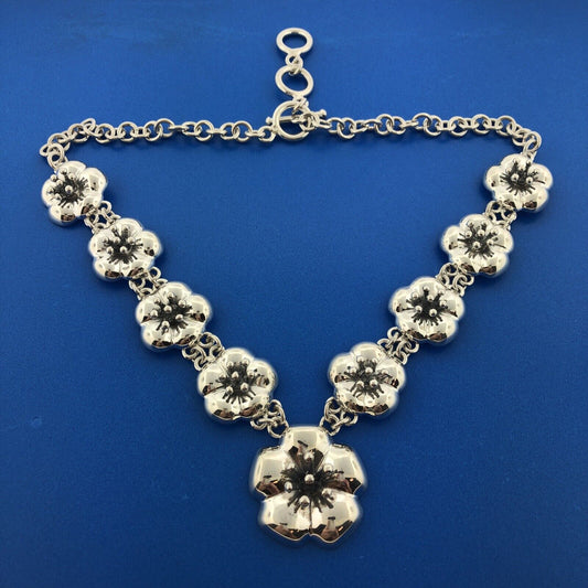Designer GIL Mexican Sterling Silver 925 Floral Poppy Adjustable Toggle Necklace