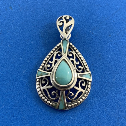Balinese Style 925 Sterling Silver Pear Turquoise Bead And Scroll Pendant