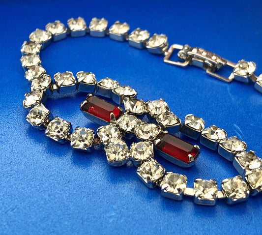 Vintage Silver Tone Rectangle Red Round White Rhinestone Valentine Bracelet