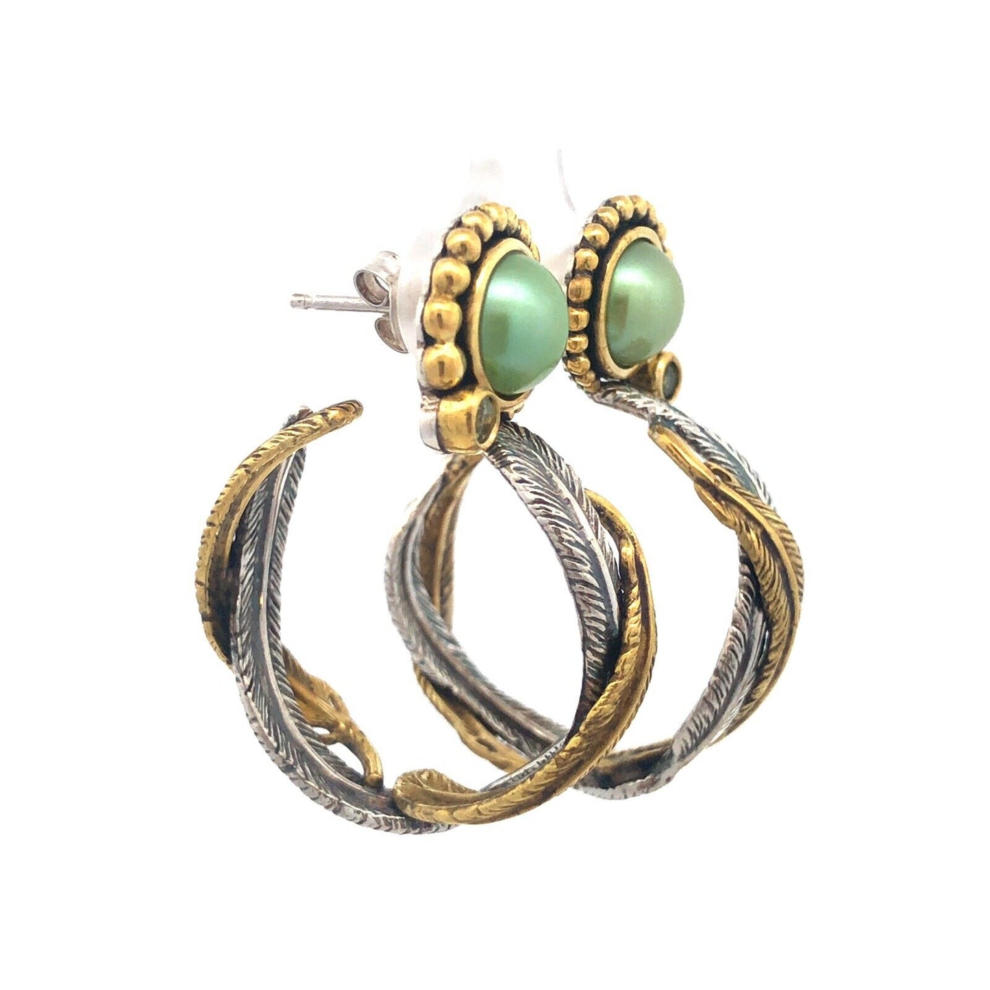 Designer Dream 925 Sterling Silver Bronze Peridot Feather Hoop Earrings