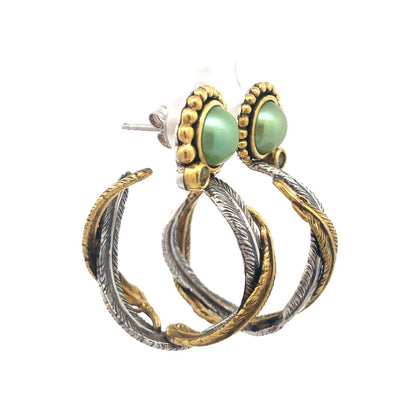 Designer Dream 925 Sterling Silver Bronze Peridot Feather Hoop Earrings