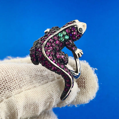 Unusual 925 Sterling Silver Ruby Emerald Gila Monster Lizard Statement Ring