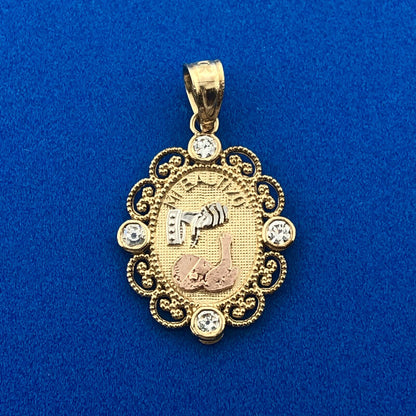 10K Tri Gold White Topaz Mi Bautizo God Bless Baptism Oval Filigree Pendant
