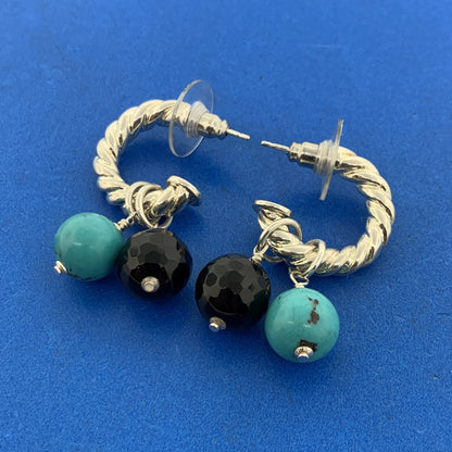 Silpada Sterling Silver 925 Turquoise Black Onyx Ribbed Cable Half Hoop Earrings