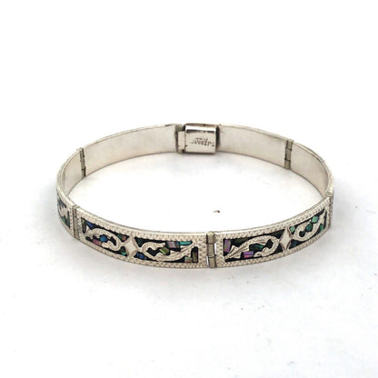 Vintage Taxco Mexico 925 Sterling Silver Abalone Inlay Textured Panel Bracelet