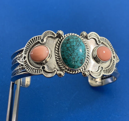 Designer REVE 925 Sterling Silver Turquoise Coral Statement Open Cuff Bracelet