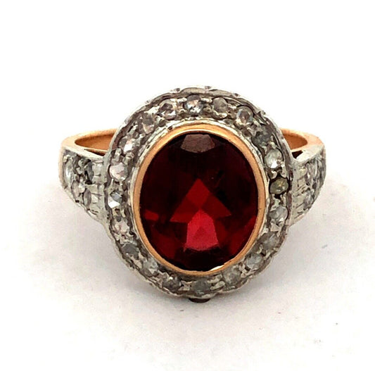 Vintage 18K Yellow Gold Oval Red Garnet Bezel Diamond Halo Cocktail Ring