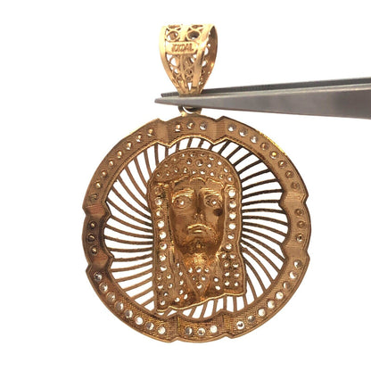 10K Yellow Gold Cubic Zirconia Christ Head Jesus Religious Statement Pendant