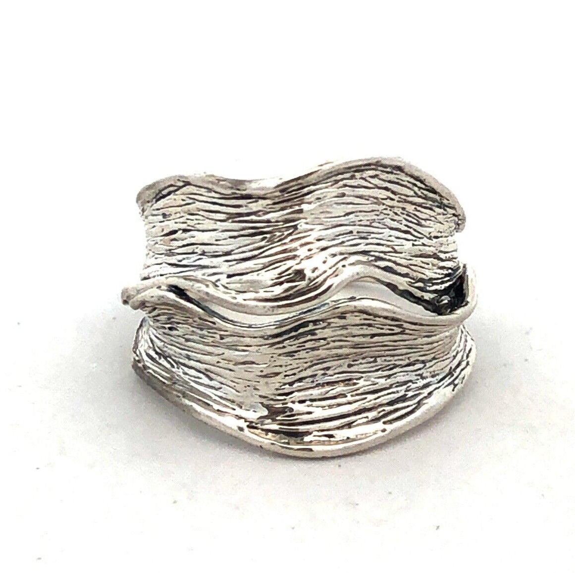 Designer Hagit Gorali Israel 925 Sterling Silver Textured Wave Wide Band Ring