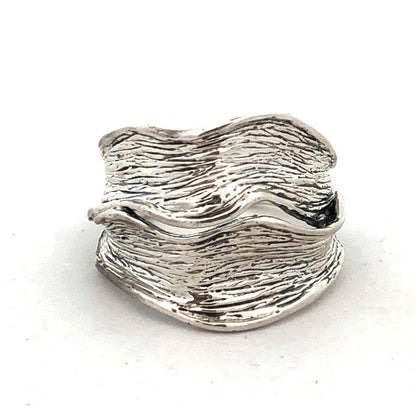 Designer Hagit Gorali Israel 925 Sterling Silver Textured Wave Wide Band Ring