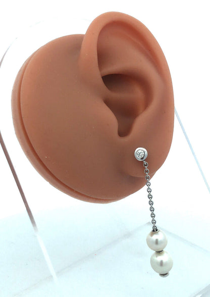 Mikimoto 18K White Gold Diamond Pearls In Motion Drop Dangle Stud Earrings