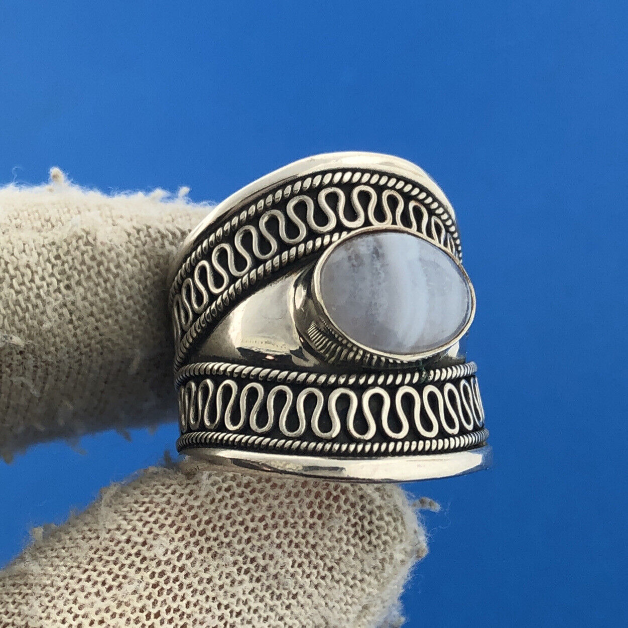 Designer BA Suarti Sterling Silver 925 Chalcedony Blue Lace Agate Cocktail Ring