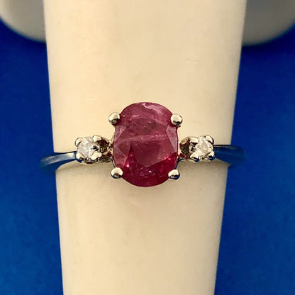 Vintage 14K White Gold Oval Ruby Solitaire Diamond Accent July Anniversary Ring