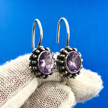 Vintage FAS 925 Sterling Silver Amethyst February Anniversary Dangle Earrings