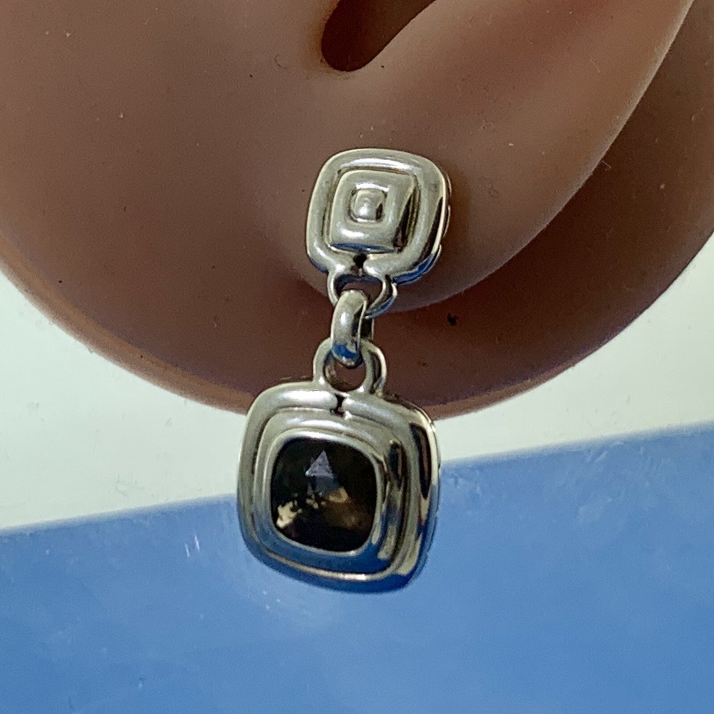 John Hardy 925 Sterling Silver Cushion Cut Smoky Quartz Dangle Drop Earrings